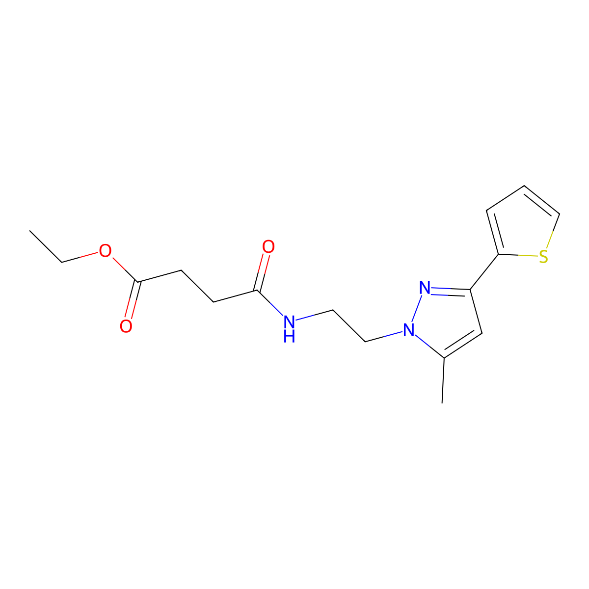 ethyl 4-((2-(5-methyl-3-(thiophen-2-yl)-1H-pyrazol-1-yl)ethyl)amino)-4-oxobutanoate molecular structure, CAS 2034506-02-8