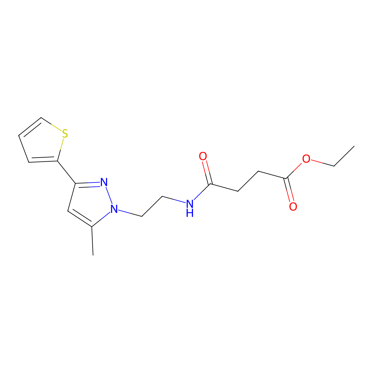 ethyl 4-((2-(5-methyl-3-(thiophen-2-yl)-1H-pyrazol-1-yl)ethyl)amino)-4-oxobutanoate molecular structure, CAS 2034506-02-8