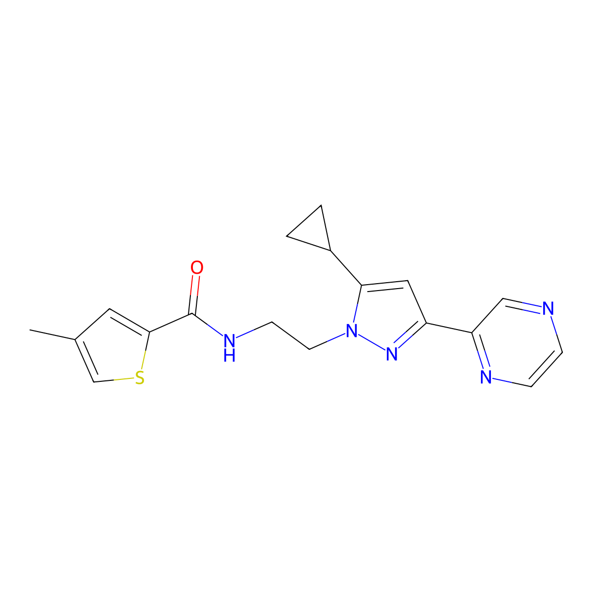 N-{2-[5-cyclopropyl-3-(pyrazin-2-yl)-1H-pyrazol-1-yl]ethyl}-4-methylthiophene-2-carboxamide molecular structure, CAS 2034506-05-1