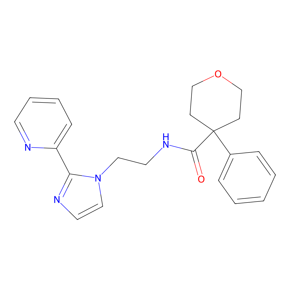 4-phenyl-N-(2-(2-(pyridin-2-yl)-1H-imidazol-1-yl)ethyl)tetrahydro-2H-pyran-4-carboxamide molecular structure, CAS 2034506-11-9