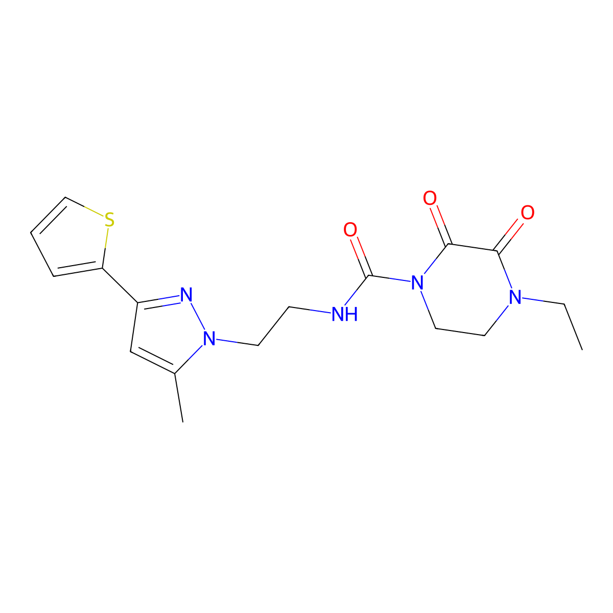4-ethyl-N-{2-[5-methyl-3-(thiophen-2-yl)-1H-pyrazol-1-yl]ethyl}-2,3-dioxopiperazine-1-carboxamide molecular structure, CAS 2034506-42-6