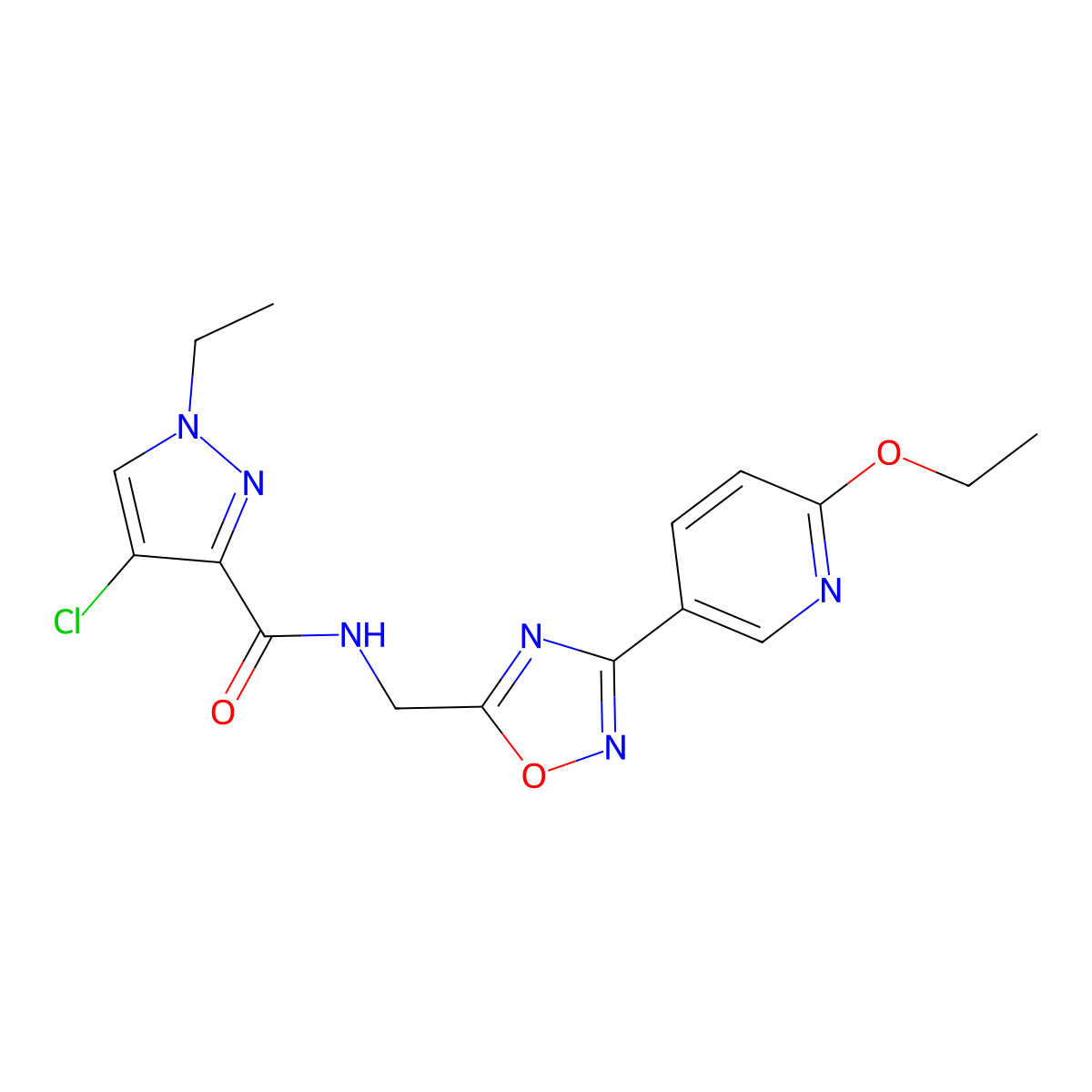 4-chloro-N-((3-(6-ethoxypyridin-3-yl)-1,2,4-oxadiazol-5-yl)methyl)-1-ethyl-1H-pyrazole-3-carboxamide molecular structure, CAS 2034506-47-1