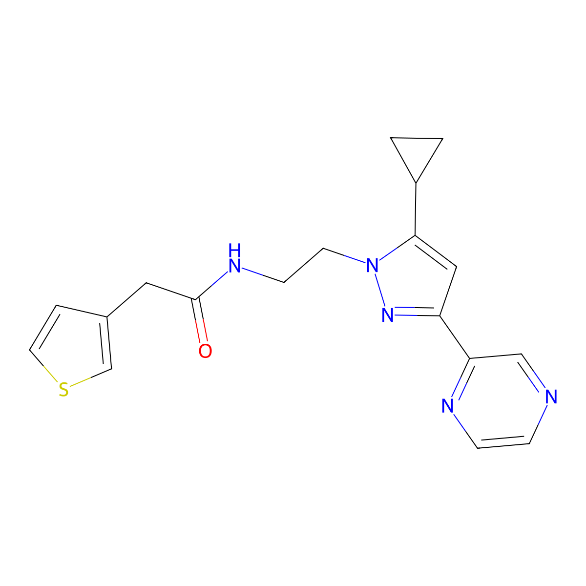 N-{2-[5-cyclopropyl-3-(pyrazin-2-yl)-1H-pyrazol-1-yl]ethyl}-2-(thiophen-3-yl)acetamide molecular structure, CAS 2034506-49-3