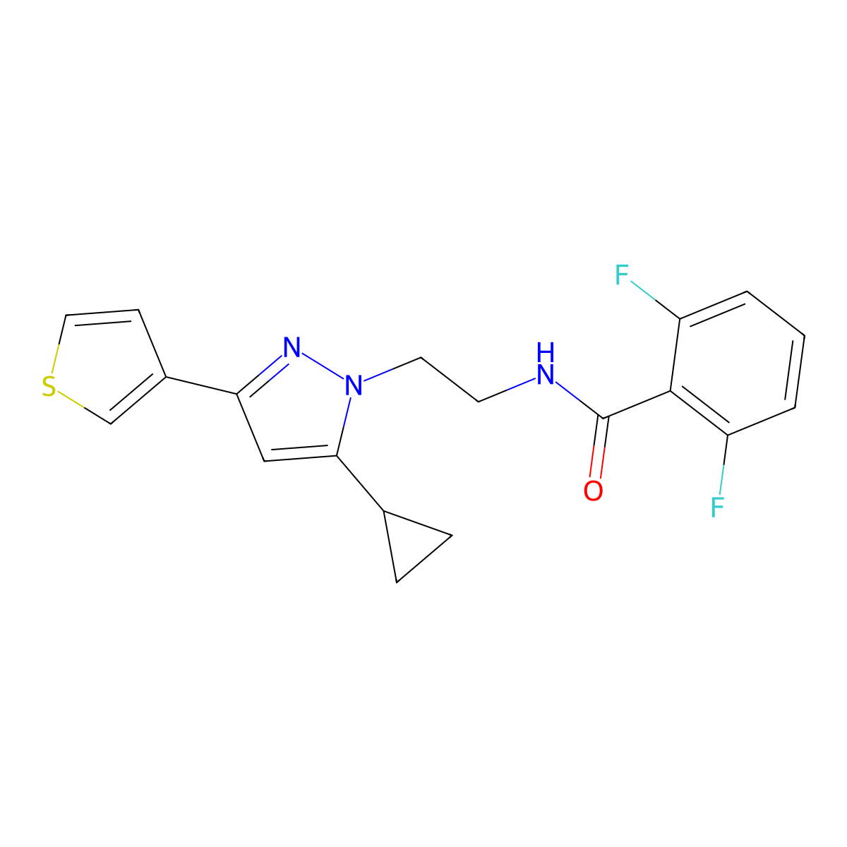 N-{2-[5-cyclopropyl-3-(thiophen-3-yl)-1H-pyrazol-1-yl]ethyl}-2,6-difluorobenzamide molecular structure, CAS 2034506-52-8