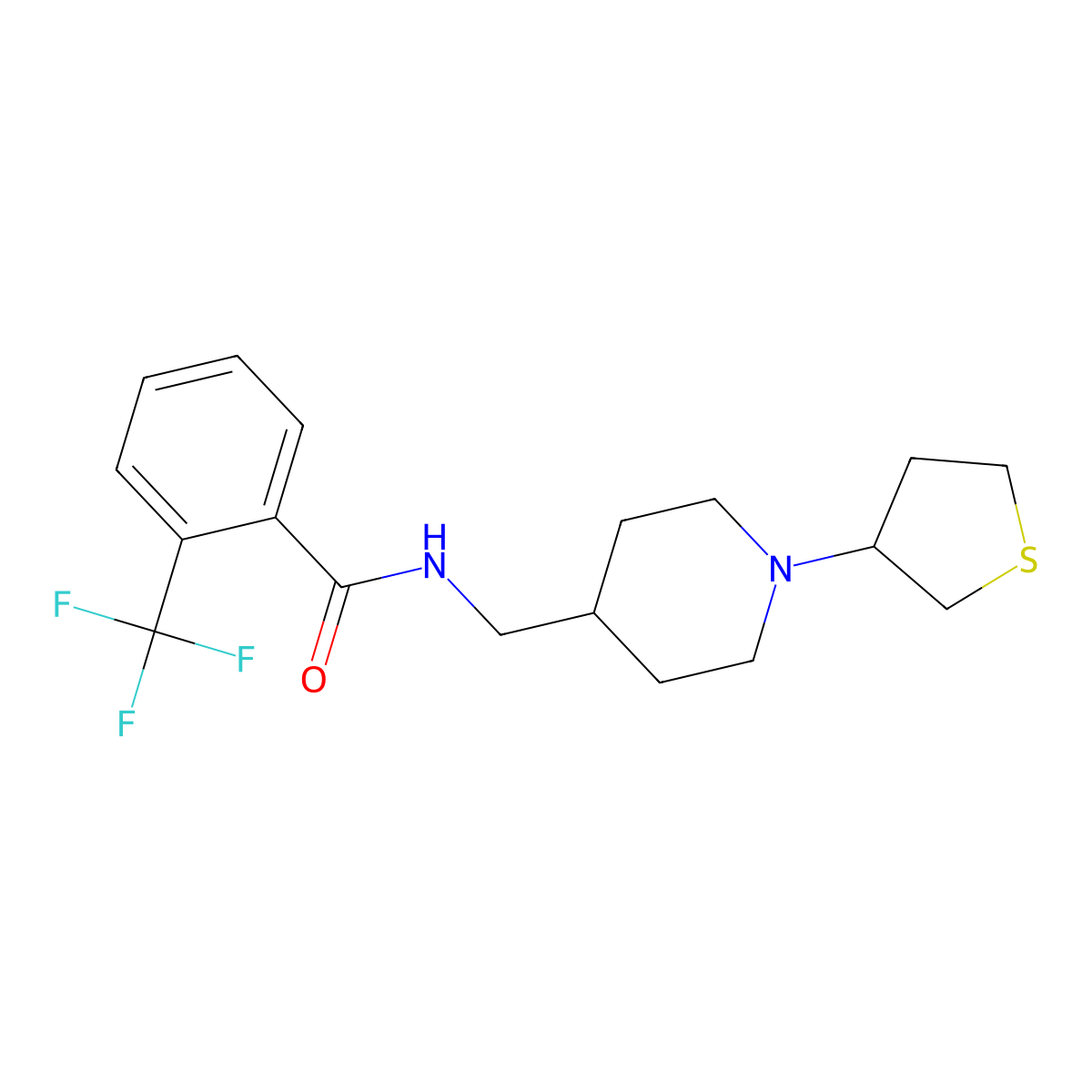 N-((1-(tetrahydrothiophen-3-yl)piperidin-4-yl)methyl)-2-(trifluoromethyl)benzamide molecular structure, CAS 2034506-56-2