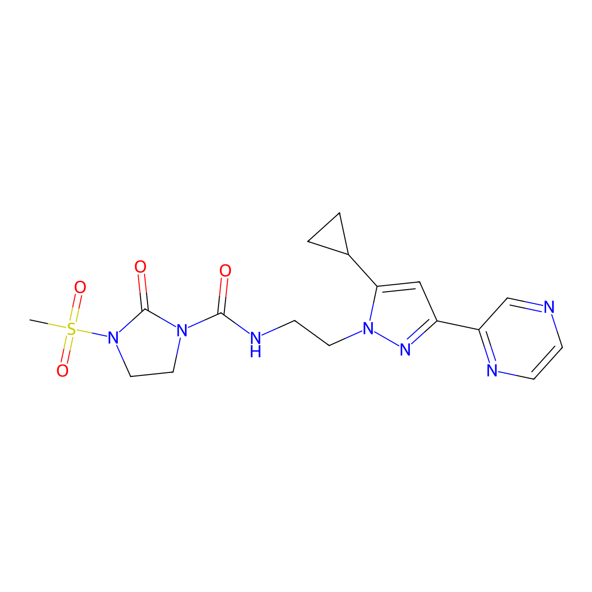 N-(2-(5-cyclopropyl-3-(pyrazin-2-yl)-1H-pyrazol-1-yl)ethyl)-3-(methylsulfonyl)-2-oxoimidazolidine-1-carboxamide molecular structure, CAS 2034506-61-9