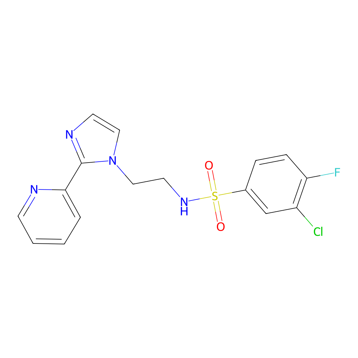 3-chloro-4-fluoro-N-(2-(2-(pyridin-2-yl)-1H-imidazol-1-yl)ethyl)benzenesulfonamide molecular structure, CAS 2034506-62-0