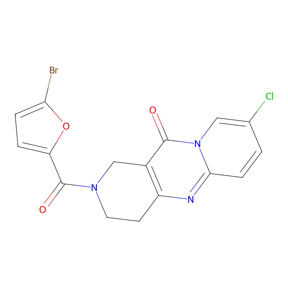 2-(5-bromofuran-2-carbonyl)-8-chloro-3,4-dihydro-1H-dipyrido[1,2-a:4',3'-d]pyrimidin-11(2H)-one molecular structure, CAS 2034506-64-2