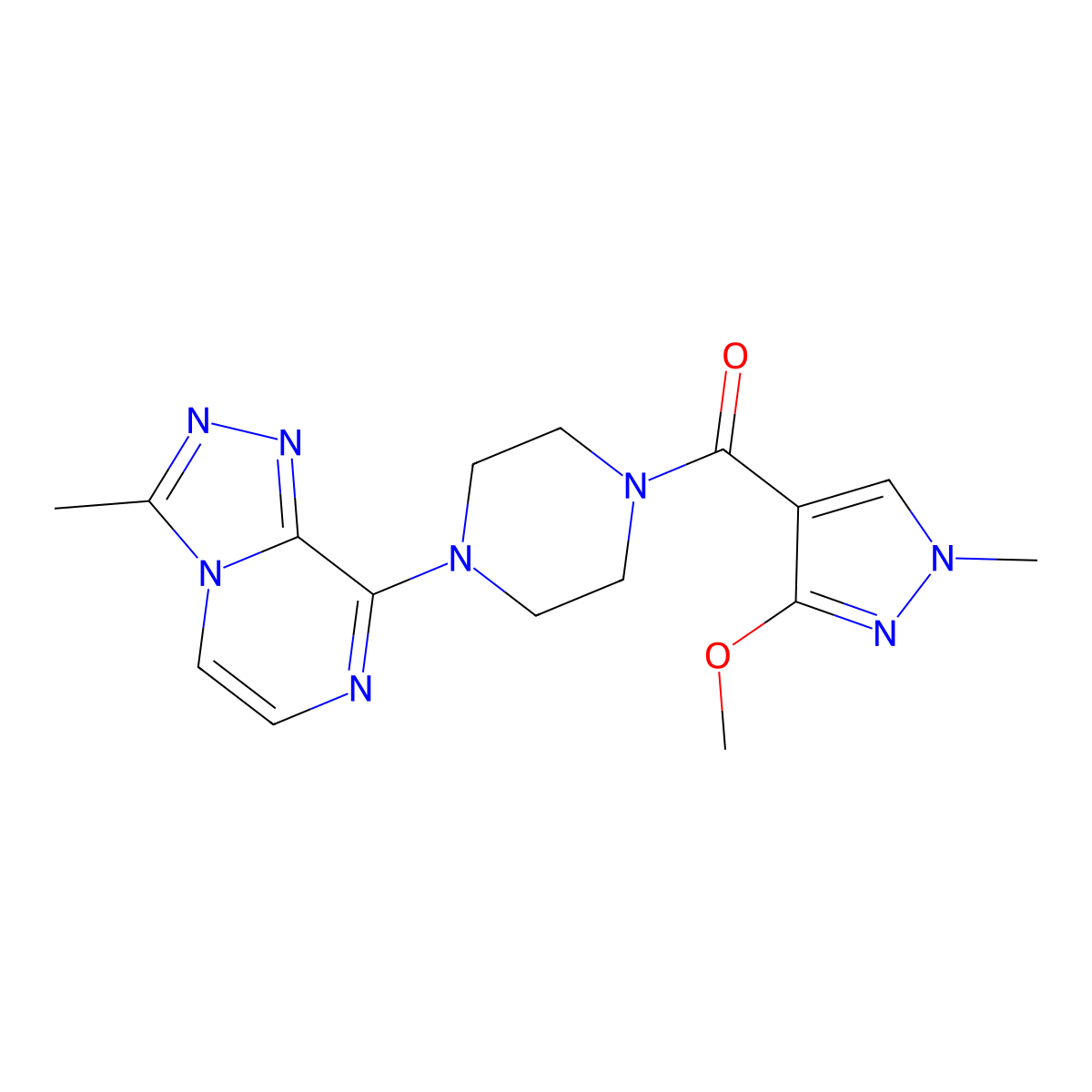 (3-methoxy-1-methyl-1H-pyrazol-4-yl)(4-(3-methyl-[1,2,4]triazolo[4,3-a]pyrazin-8-yl)piperazin-1-yl)methanone molecular structure, CAS 2034506-66-4