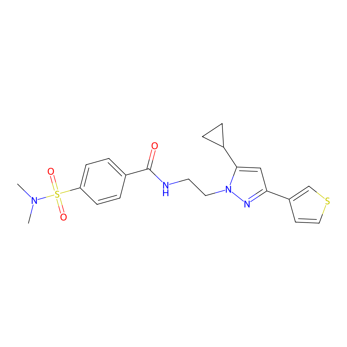 N-(2-(5-cyclopropyl-3-(thiophen-3-yl)-1H-pyrazol-1-yl)ethyl)-4-(N,N-dimethylsulfamoyl)benzamide molecular structure, CAS 2034506-68-6