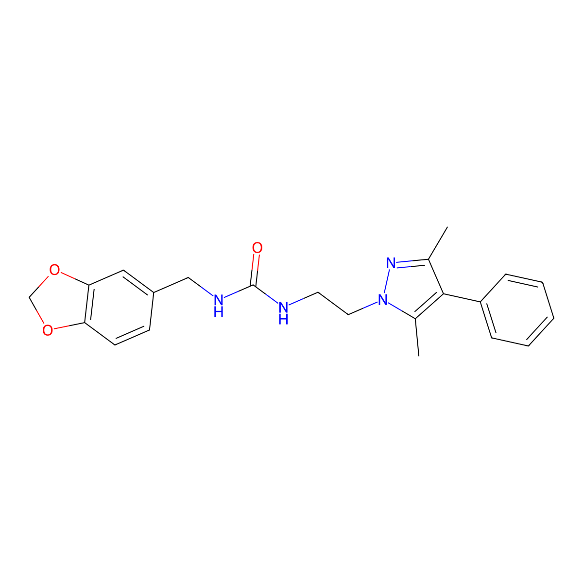 1-(benzo[d][1,3]dioxol-5-ylmethyl)-3-(2-(3,5-dimethyl-4-phenyl-1H-pyrazol-1-yl)ethyl)urea molecular structure, CAS 2034506-73-3