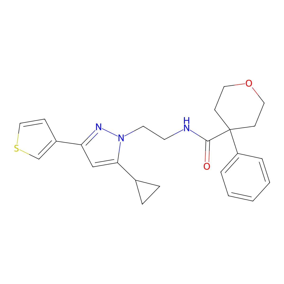 N-(2-(5-cyclopropyl-3-(thiophen-3-yl)-1H-pyrazol-1-yl)ethyl)-4-phenyltetrahydro-2H-pyran-4-carboxamide molecular structure, CAS 2034506-75-5