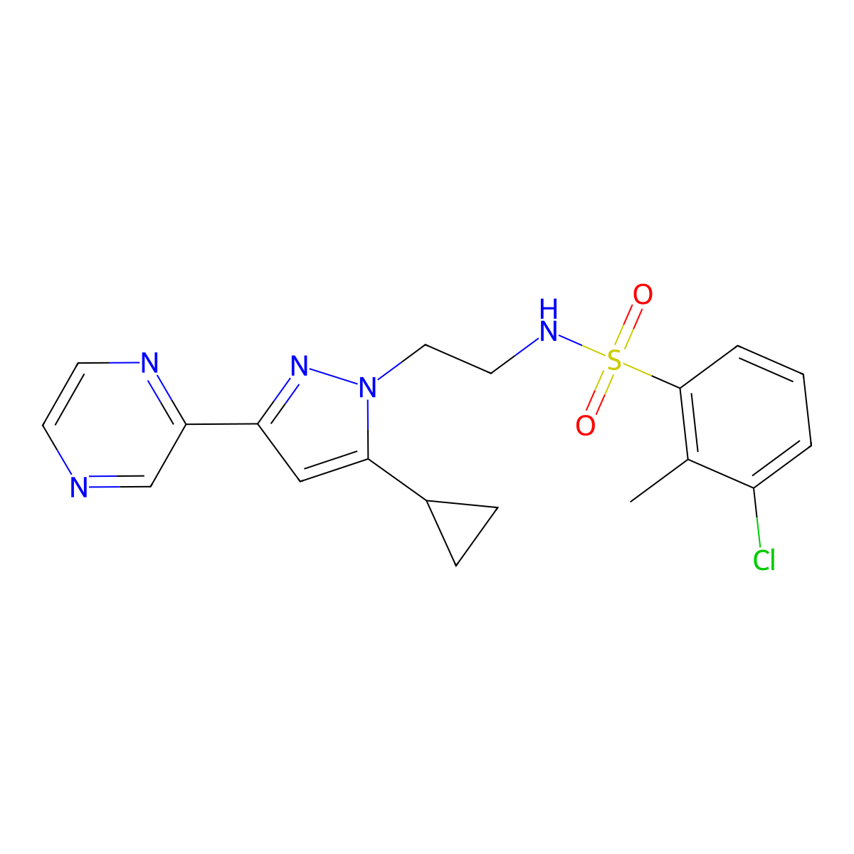 3-chloro-N-(2-(5-cyclopropyl-3-(pyrazin-2-yl)-1H-pyrazol-1-yl)ethyl)-2-methylbenzenesulfonamide molecular structure, CAS 2034506-76-6
