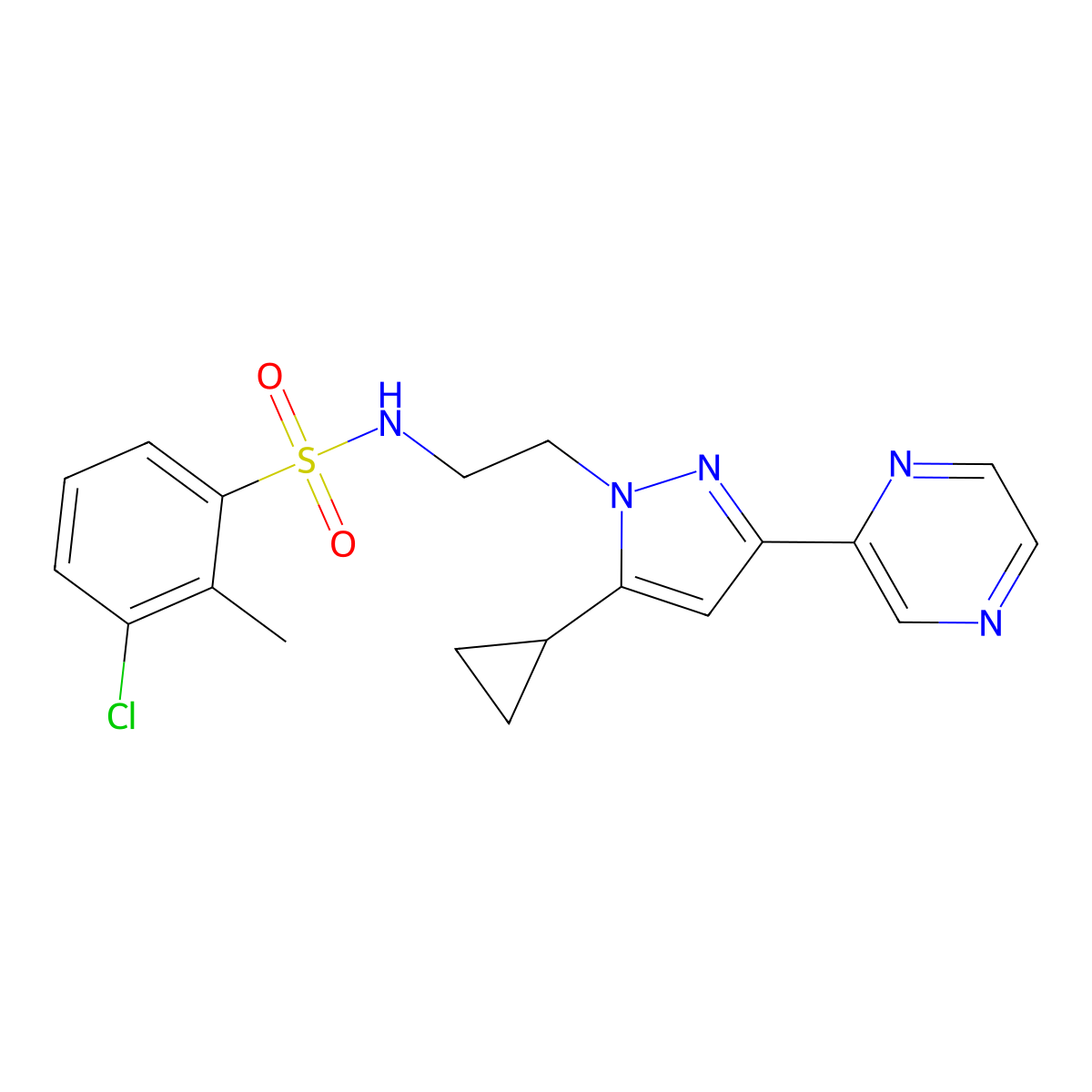 3-chloro-N-(2-(5-cyclopropyl-3-(pyrazin-2-yl)-1H-pyrazol-1-yl)ethyl)-2-methylbenzenesulfonamide molecular structure, CAS 2034506-76-6