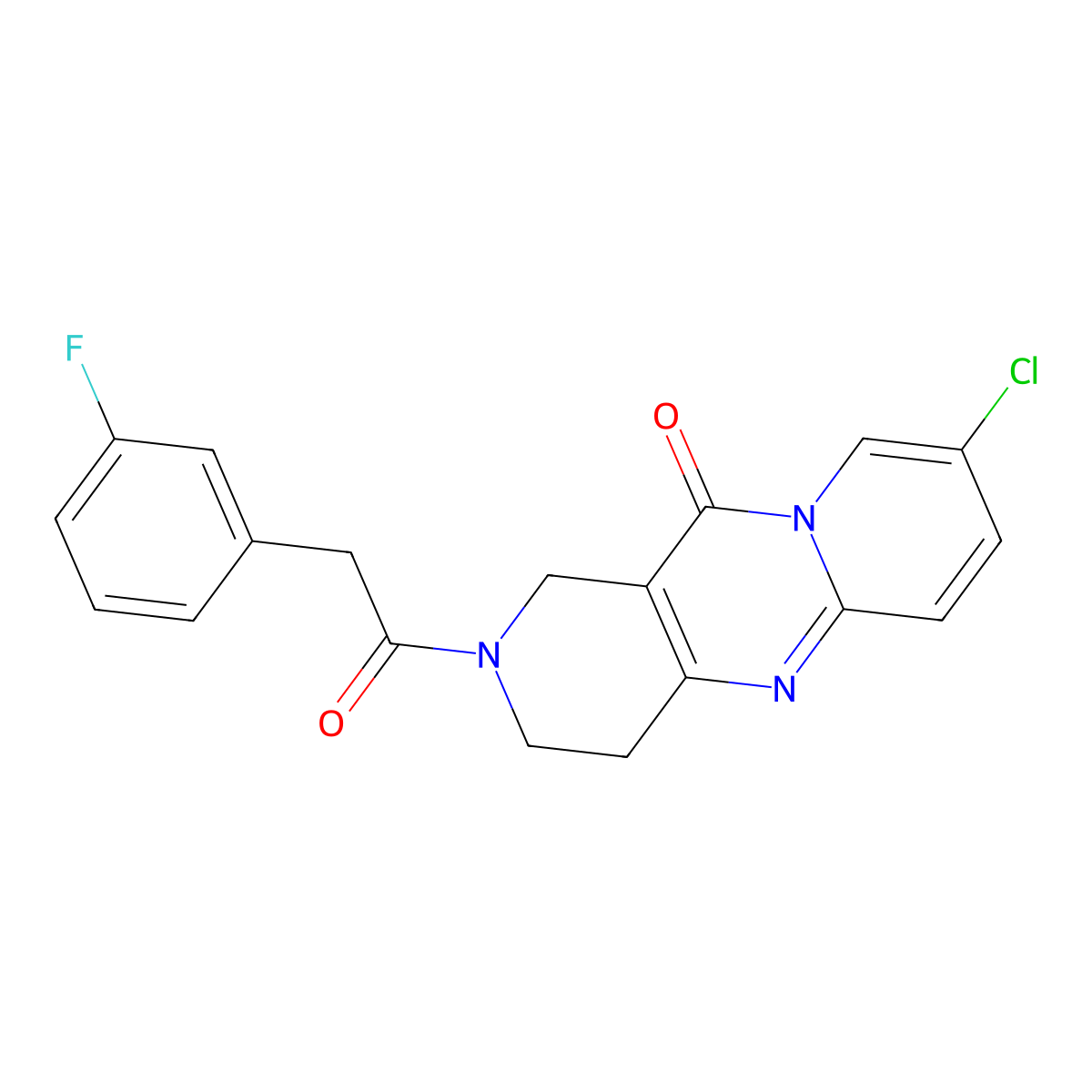 8-chloro-2-(2-(3-fluorophenyl)acetyl)-3,4-dihydro-1H-dipyrido[1,2-a:4',3'-d]pyrimidin-11(2H)-one molecular structure, CAS 2034506-78-8