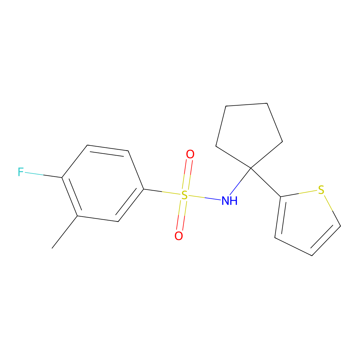 4-fluoro-3-methyl-N-(1-(thiophen-2-yl)cyclopentyl)benzenesulfonamide molecular structure, CAS 2034506-82-4