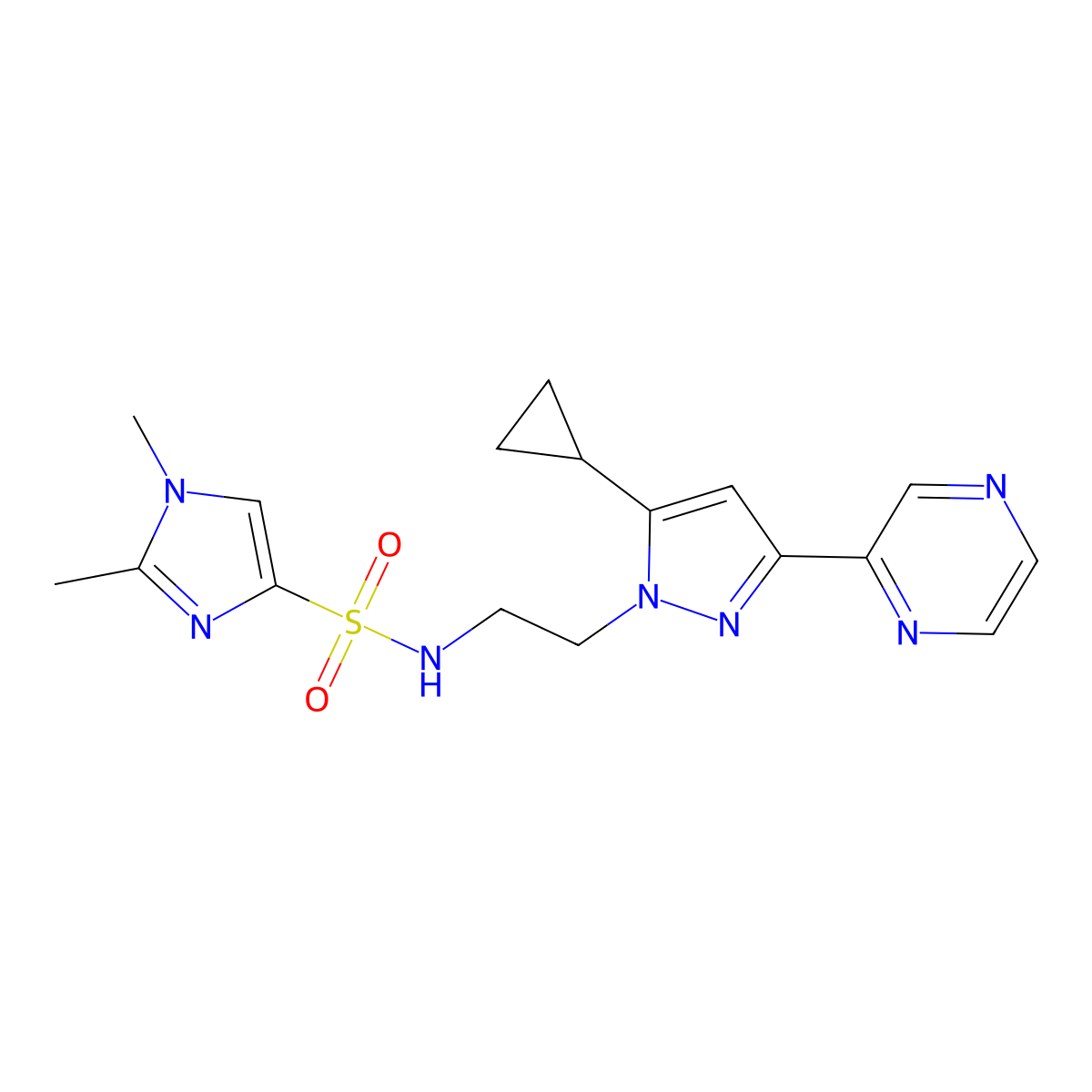 N-(2-(5-cyclopropyl-3-(pyrazin-2-yl)-1H-pyrazol-1-yl)ethyl)-1,2-dimethyl-1H-imidazole-4-sulfonamide molecular structure, CAS 2034506-83-5