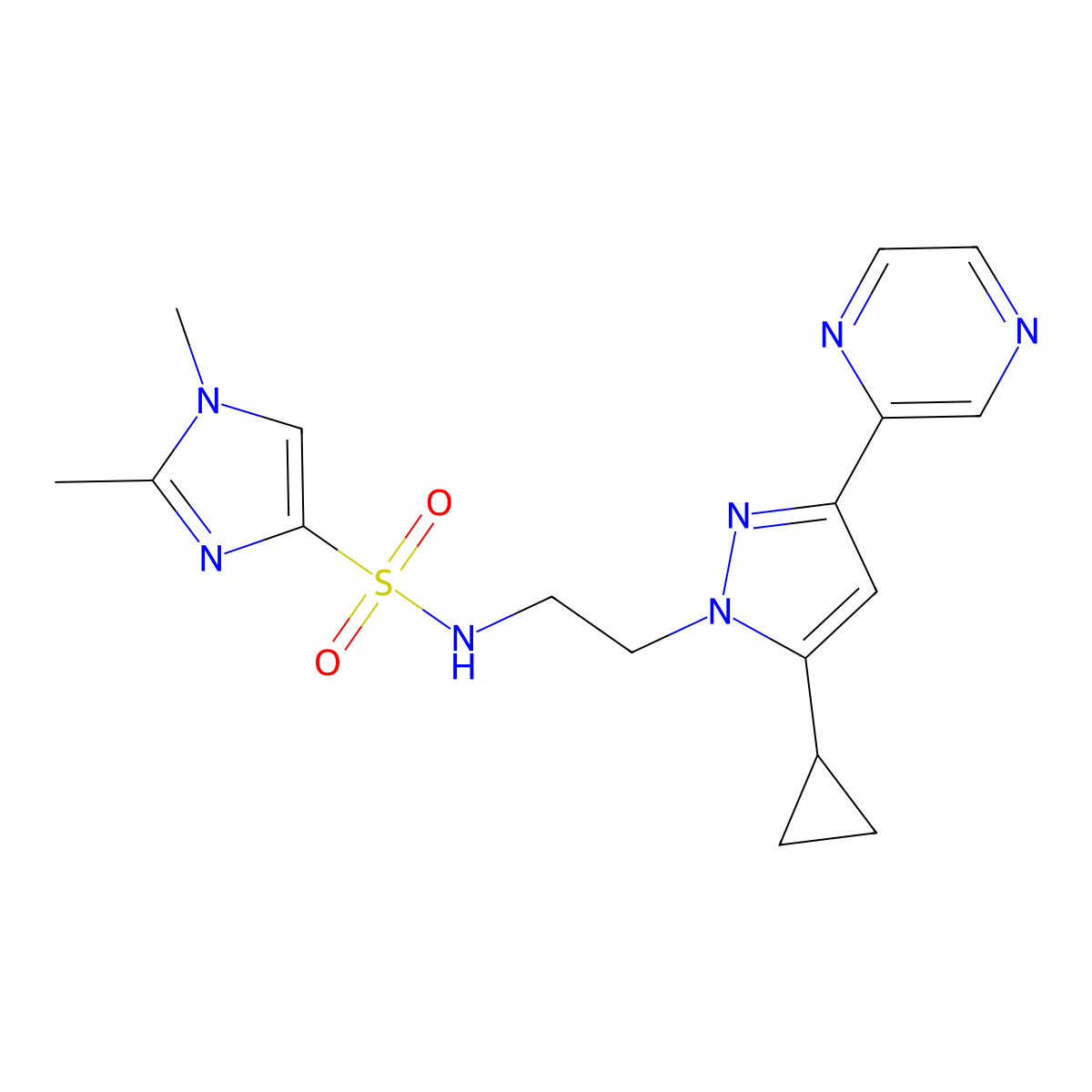 N-(2-(5-cyclopropyl-3-(pyrazin-2-yl)-1H-pyrazol-1-yl)ethyl)-1,2-dimethyl-1H-imidazole-4-sulfonamide molecular structure, CAS 2034506-83-5