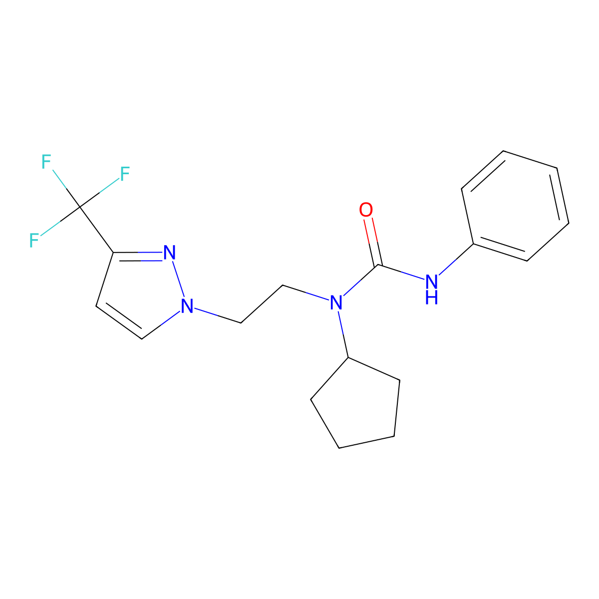1-cyclopentyl-3-phenyl-1-(2-(3-(trifluoromethyl)-1H-pyrazol-1-yl)ethyl)urea molecular structure, CAS 2034506-88-0