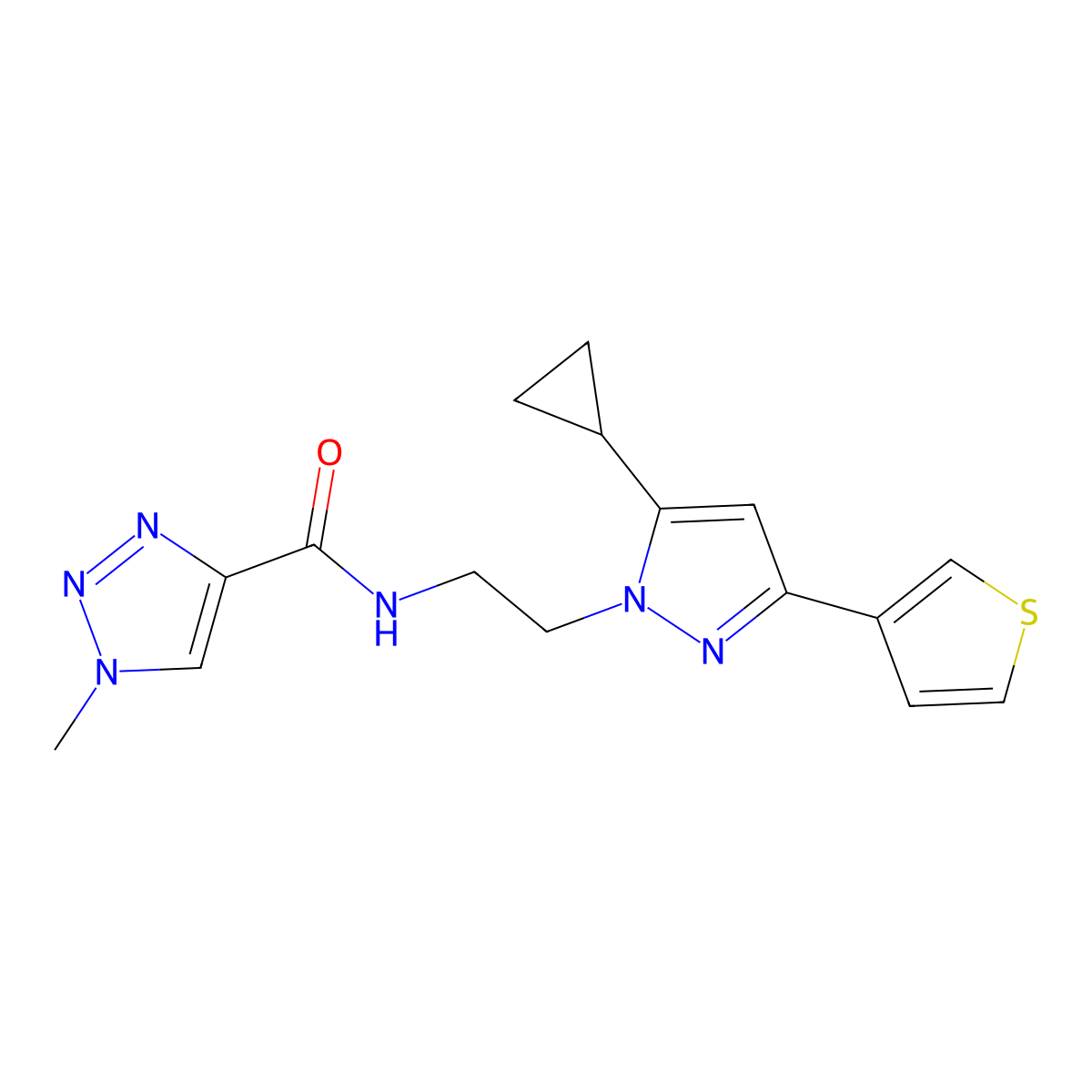 N-{2-[5-cyclopropyl-3-(thiophen-3-yl)-1H-pyrazol-1-yl]ethyl}-1-methyl-1H-1,2,3-triazole-4-carboxamide molecular structure, CAS 2034506-89-1
