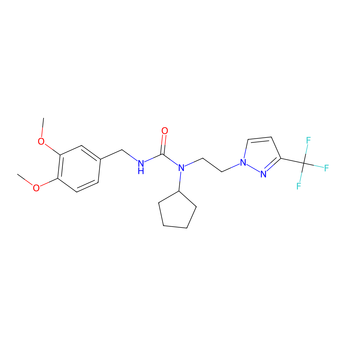 1-cyclopentyl-3-(3,4-dimethoxybenzyl)-1-(2-(3-(trifluoromethyl)-1H-pyrazol-1-yl)ethyl)urea molecular structure, CAS 2034506-91-5