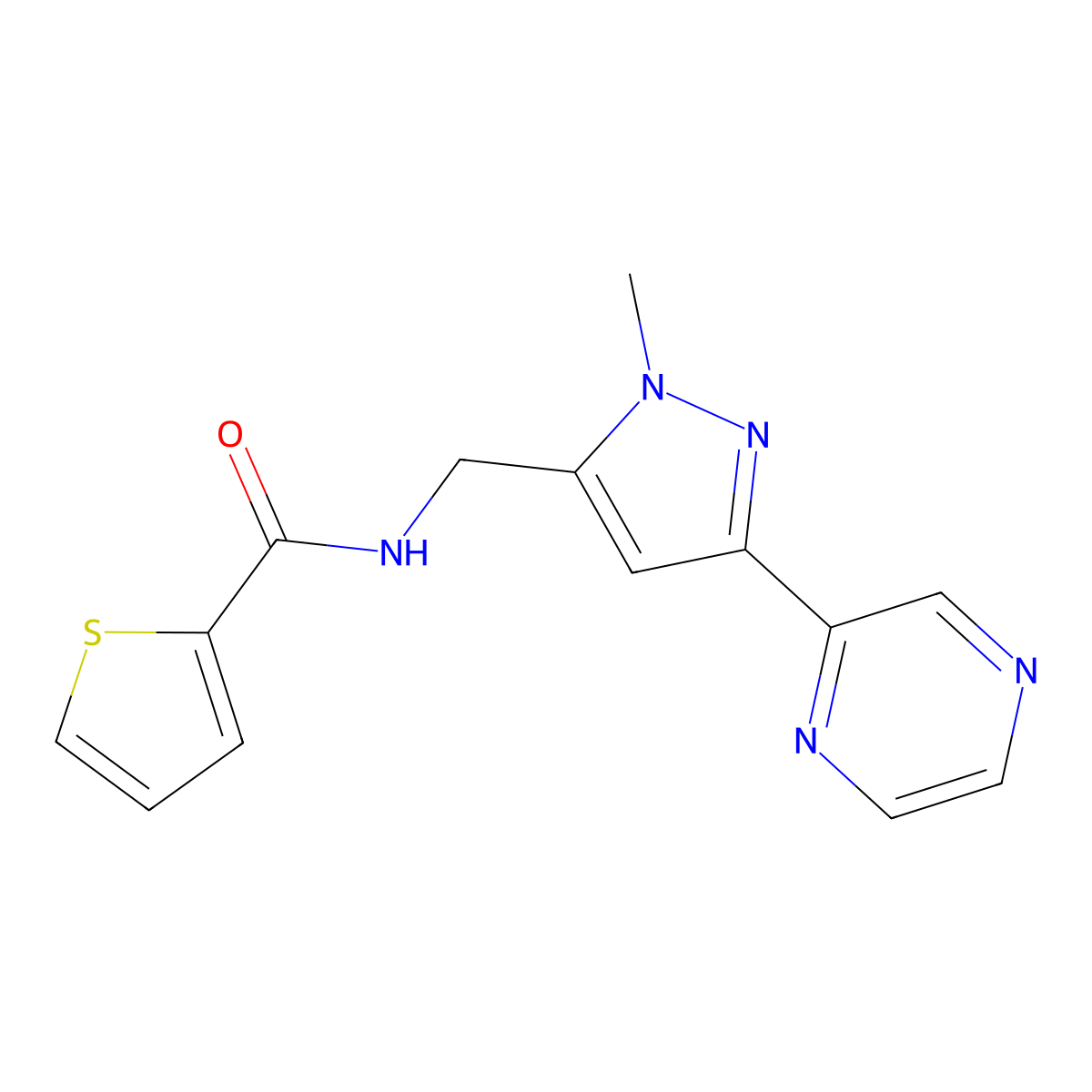 N-((1-methyl-3-(pyrazin-2-yl)-1H-pyrazol-5-yl)methyl)thiophene-2-carboxamide molecular structure, CAS 2034506-96-0