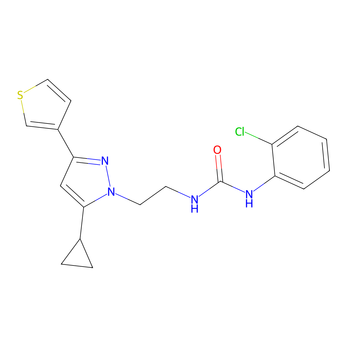 1-(2-chlorophenyl)-3-{2-[5-cyclopropyl-3-(thiophen-3-yl)-1H-pyrazol-1-yl]ethyl}urea molecular structure, CAS 2034506-99-3