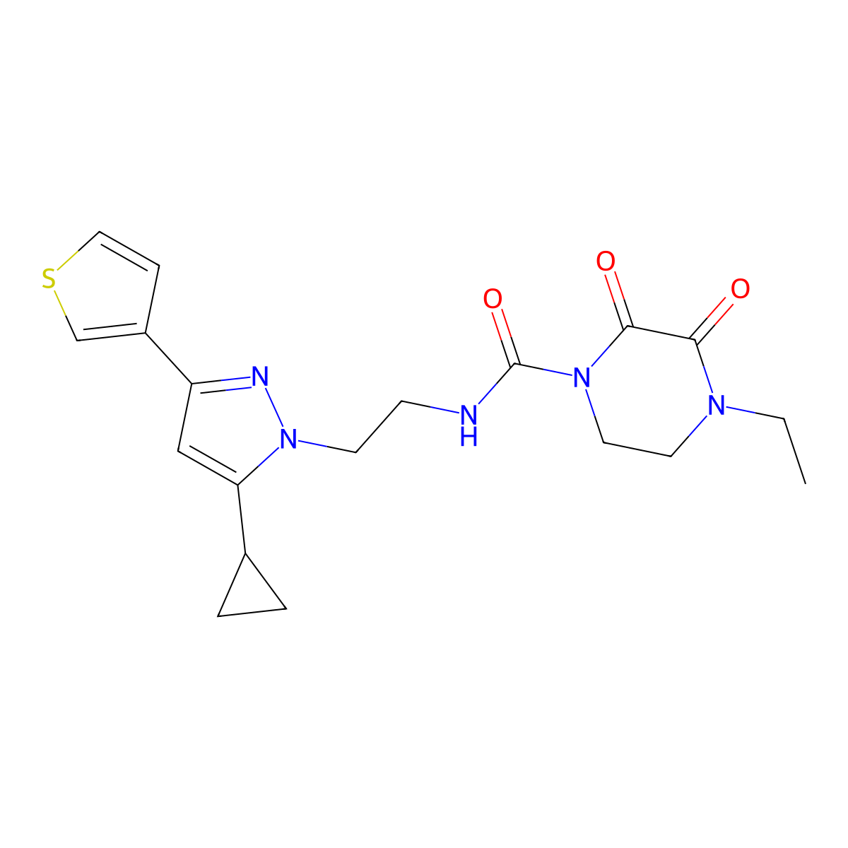 N-{2-[5-cyclopropyl-3-(thiophen-3-yl)-1H-pyrazol-1-yl]ethyl}-4-ethyl-2,3-dioxopiperazine-1-carboxamide molecular structure, CAS 2034507-04-3