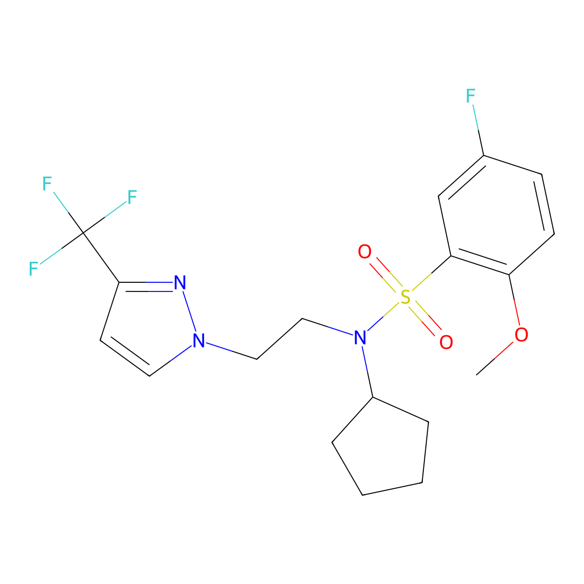 N-cyclopentyl-5-fluoro-2-methoxy-N-(2-(3-(trifluoromethyl)-1H-pyrazol-1-yl)ethyl)benzenesulfonamide molecular structure, CAS 2034507-06-5
