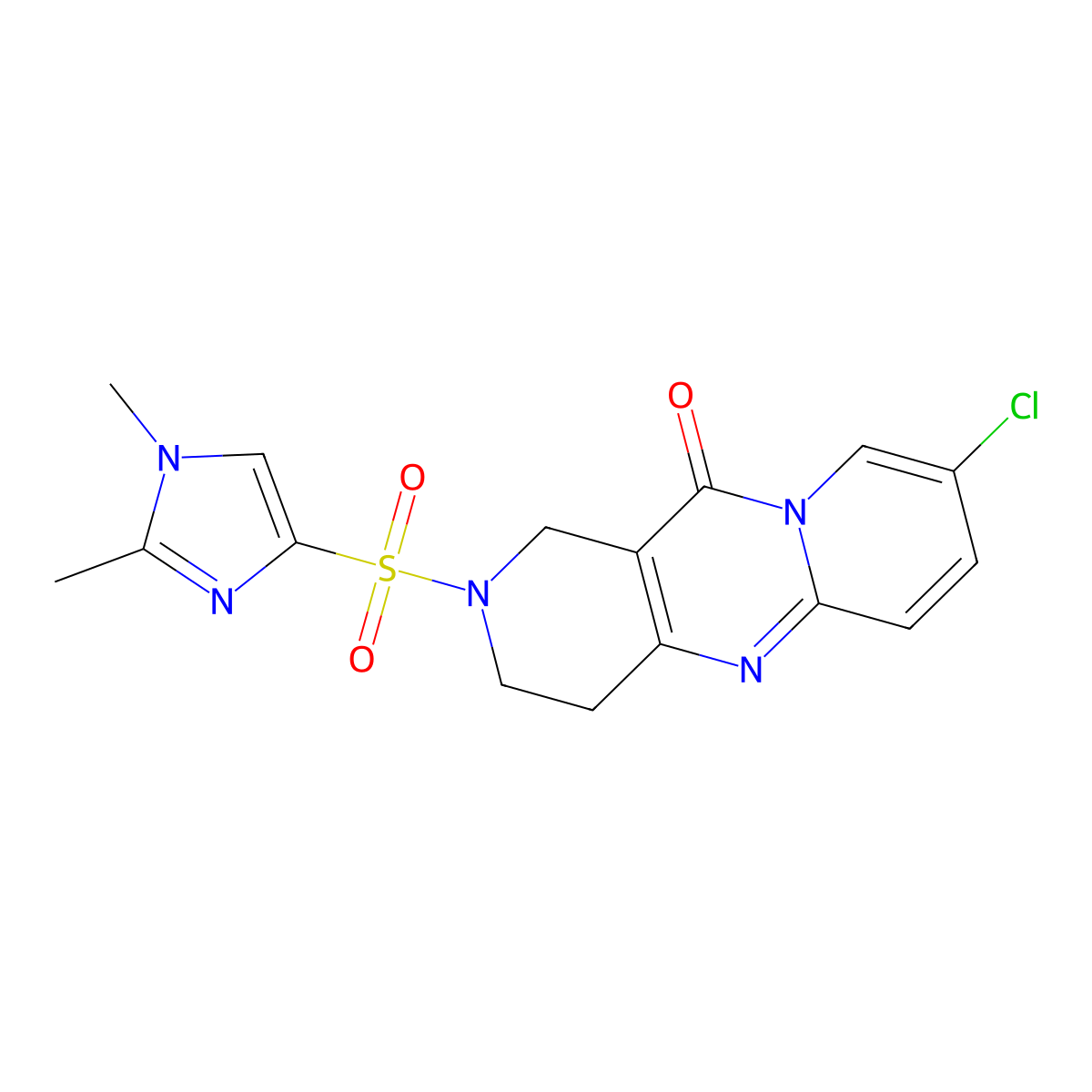 8-chloro-2-((1,2-dimethyl-1H-imidazol-4-yl)sulfonyl)-3,4-dihydro-1H-dipyrido[1,2-a:4',3'-d]pyrimidin-11(2H)-one molecular structure, CAS 2034507-10-1