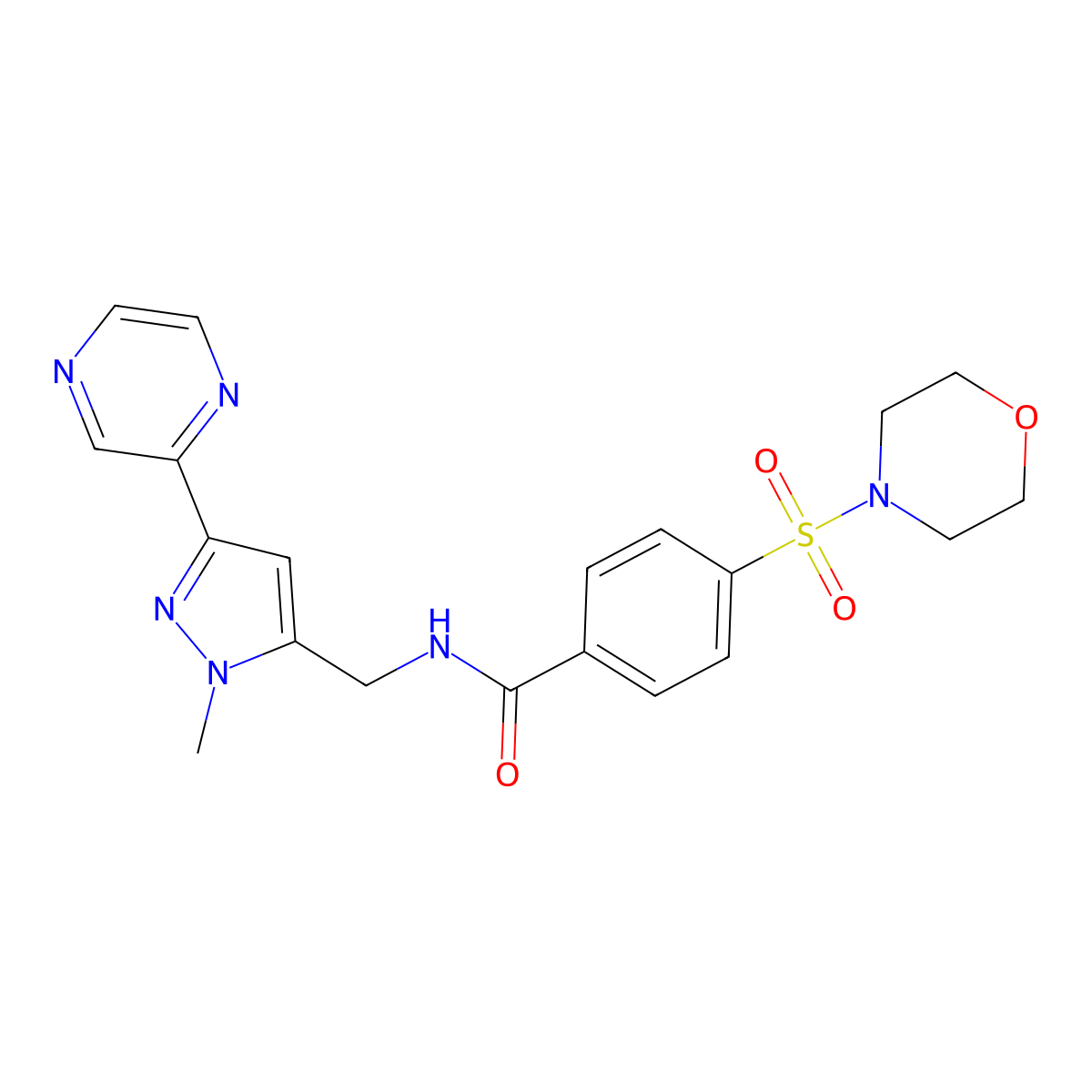 N-((1-methyl-3-(pyrazin-2-yl)-1H-pyrazol-5-yl)methyl)-4-(morpholinosulfonyl)benzamide molecular structure, CAS 2034507-11-2