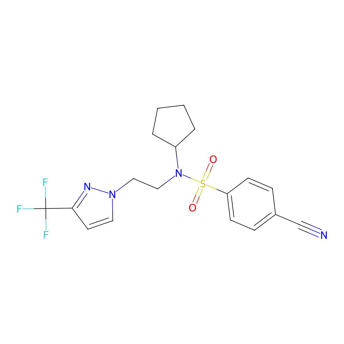 4-cyano-N-cyclopentyl-N-(2-(3-(trifluoromethyl)-1H-pyrazol-1-yl)ethyl)benzenesulfonamide molecular structure, CAS 2034507-15-6