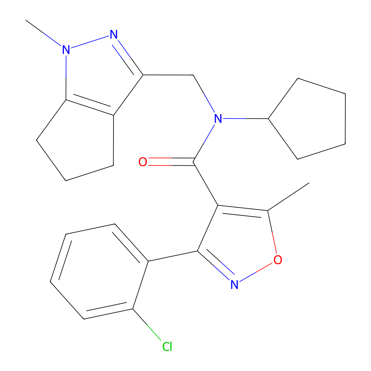 3-(2-chlorophenyl)-N-cyclopentyl-5-methyl-N-((1-methyl-1,4,5,6-tetrahydrocyclopenta[c]pyrazol-3-yl)methyl)isoxazole-4-carboxamide molecular structure, CAS 2034507-20-3