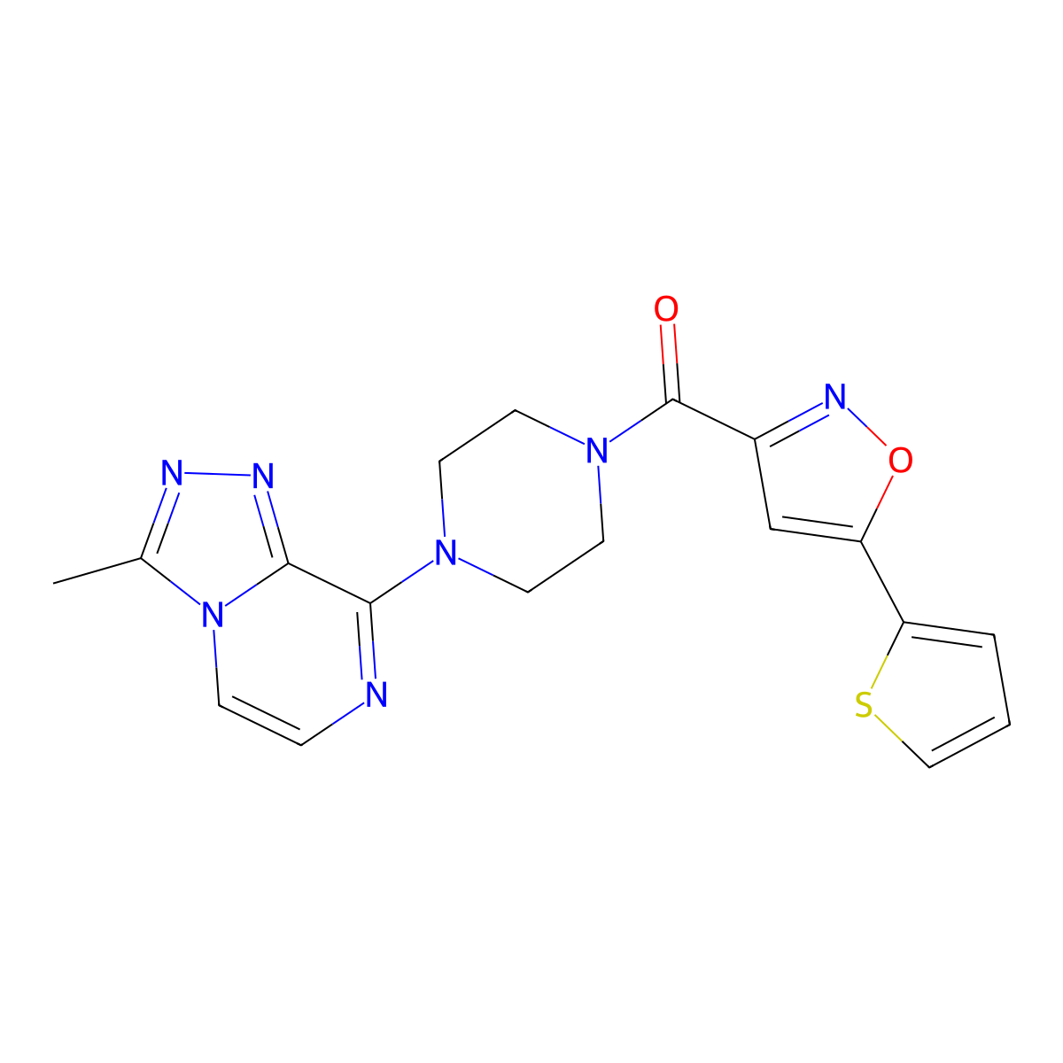 (4-(3-Methyl-[1,2,4]triazolo[4,3-a]pyrazin-8-yl)piperazin-1-yl)(5-(thiophen-2-yl)isoxazol-3-yl)methanone molecular structure, CAS 2034507-24-7