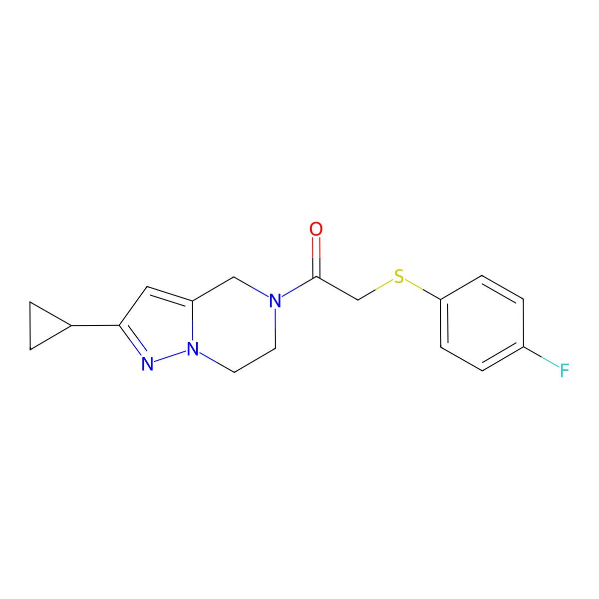 1-(2-cyclopropyl-6,7-dihydropyrazolo[1,5-a]pyrazin-5(4H)-yl)-2-((4-fluorophenyl)thio)ethanone molecular structure, CAS 2034507-35-0