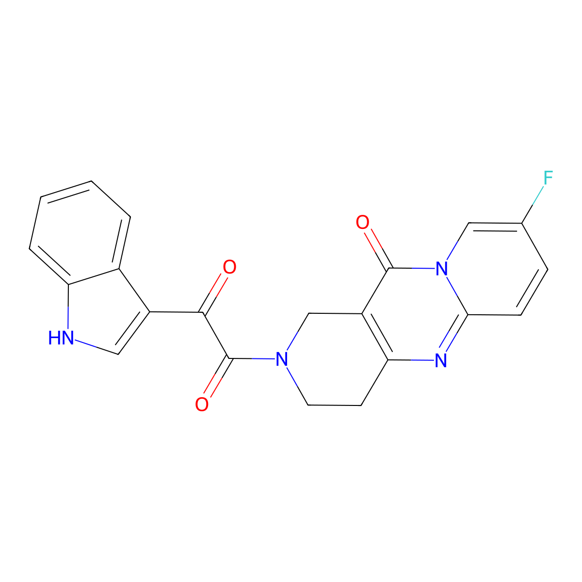 1-(8-fluoro-11-oxo-3,4-dihydro-1H-dipyrido[1,2-a:4',3'-d]pyrimidin-2(11H)-yl)-2-(1H-indol-3-yl)ethane-1,2-dione molecular structure, CAS 2034507-42-9