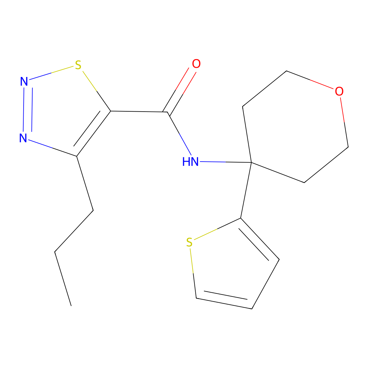 4-propyl-N-(4-(thiophen-2-yl)tetrahydro-2H-pyran-4-yl)-1,2,3-thiadiazole-5-carboxamide molecular structure, CAS 2034507-47-4
