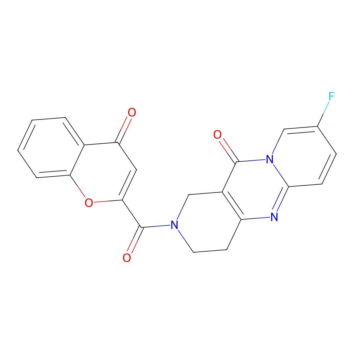 8-fluoro-2-(4-oxo-4H-chromene-2-carbonyl)-3,4-dihydro-1H-dipyrido[1,2-a:4',3'-d]pyrimidin-11(2H)-one molecular structure, CAS 2034507-49-6