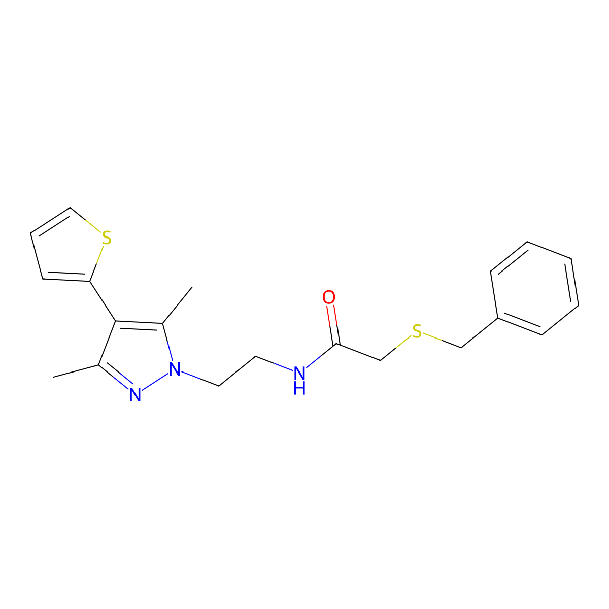 2-(benzylthio)-N-(2-(3,5-dimethyl-4-(thiophen-2-yl)-1H-pyrazol-1-yl)ethyl)acetamide molecular structure, CAS 2034507-52-1