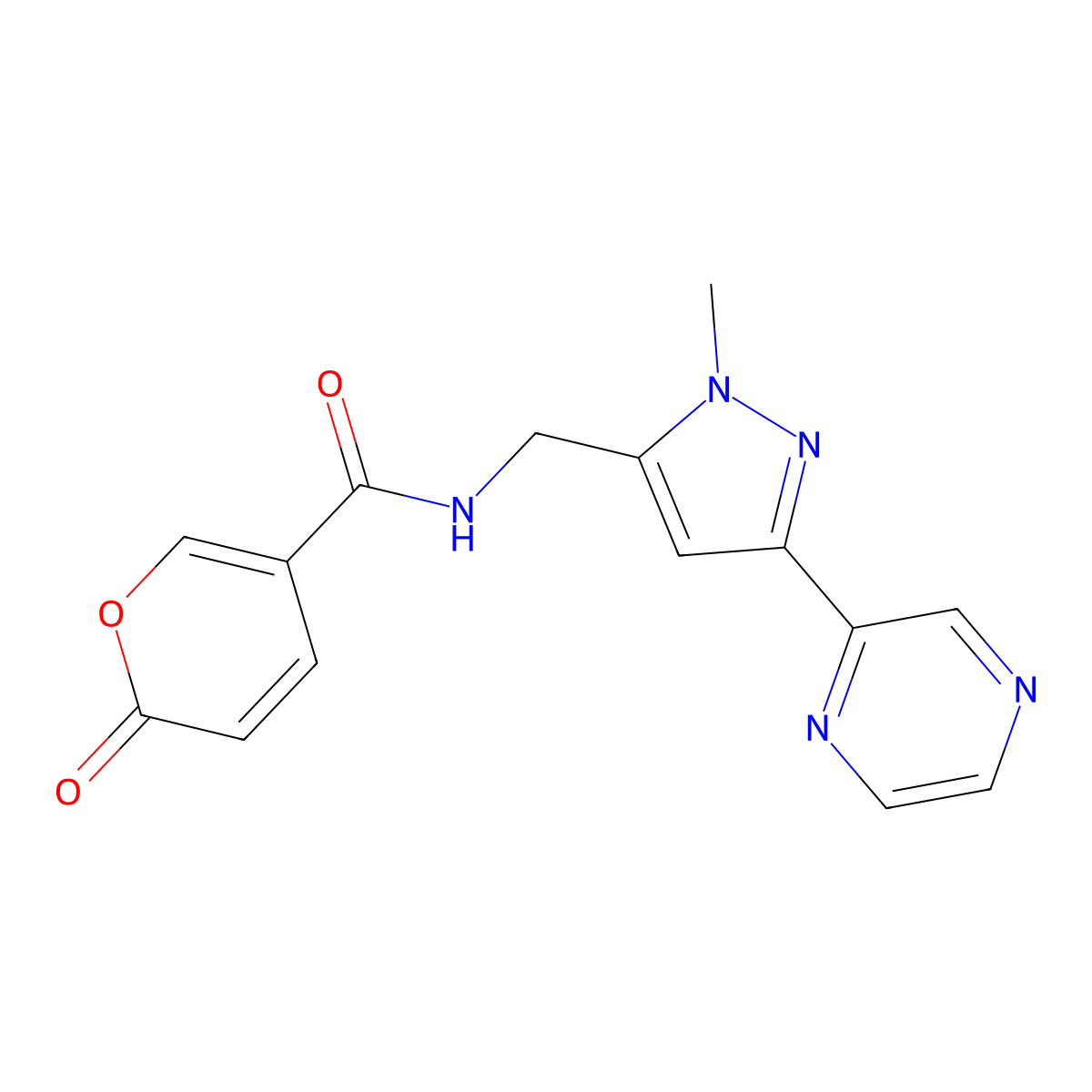 N-((1-methyl-3-(pyrazin-2-yl)-1H-pyrazol-5-yl)methyl)-2-oxo-2H-pyran-5-carboxamide molecular structure, CAS 2034507-58-7
