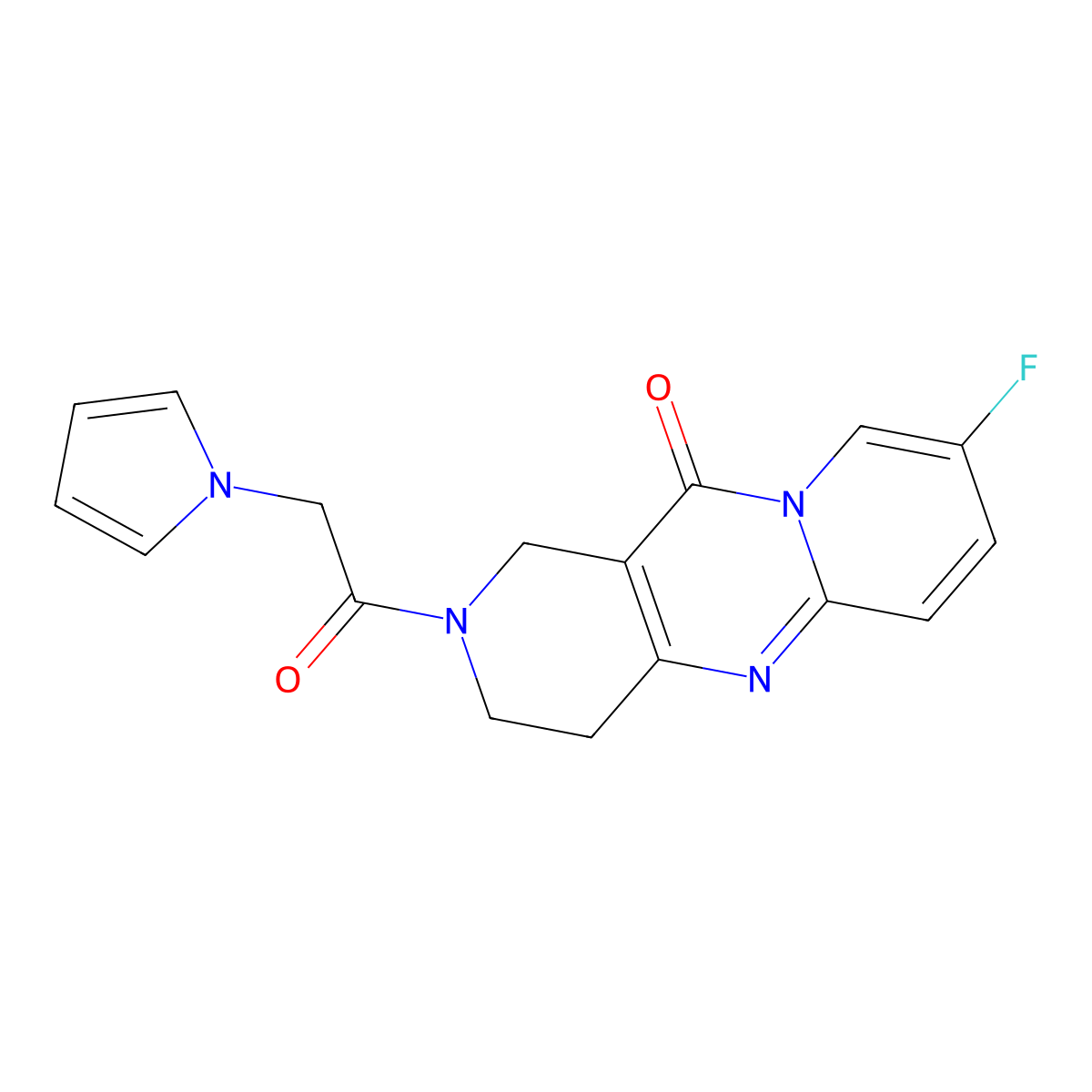 2-(2-(1H-pyrrol-1-yl)acetyl)-8-fluoro-3,4-dihydro-1H-dipyrido[1,2-a:4',3'-d]pyrimidin-11(2H)-one molecular structure, CAS 2034507-63-4