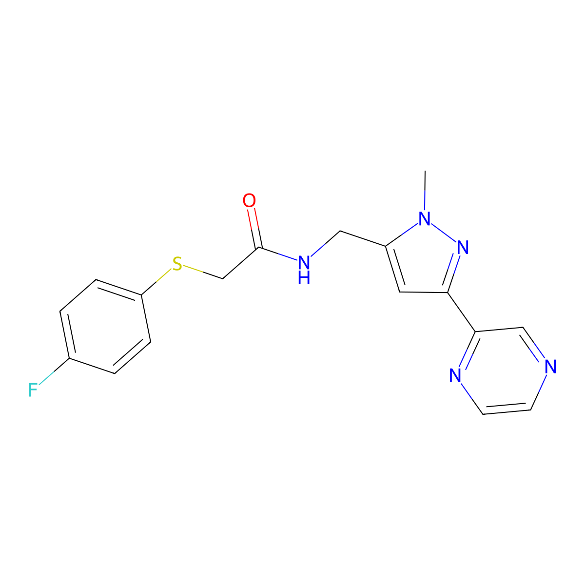 2-((4-fluorophenyl)thio)-N-((1-methyl-3-(pyrazin-2-yl)-1H-pyrazol-5-yl)methyl)acetamide molecular structure, CAS 2034507-69-0