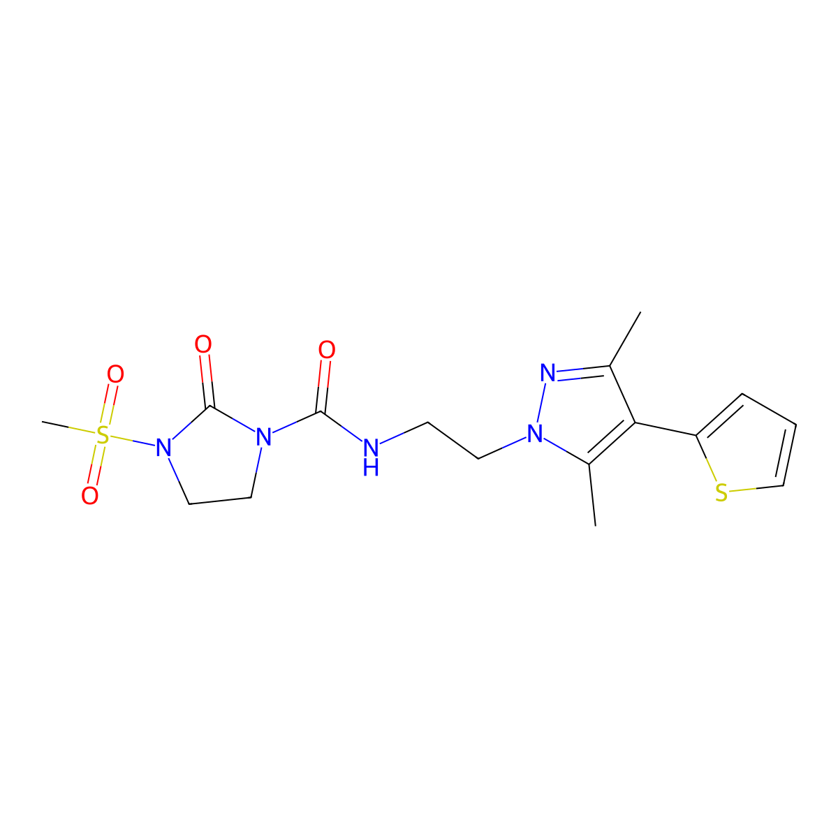 N-{2-[3,5-dimethyl-4-(thiophen-2-yl)-1H-pyrazol-1-yl]ethyl}-3-methanesulfonyl-2-oxoimidazolidine-1-carboxamide molecular structure, CAS 2034507-71-4