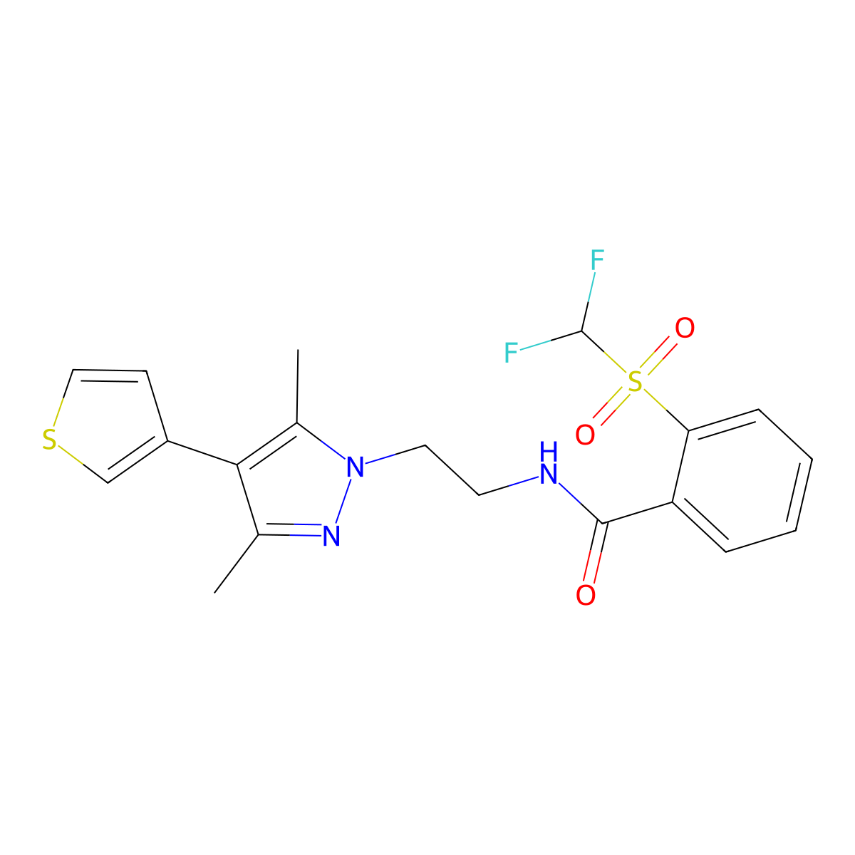 2-difluoromethanesulfonyl-N-{2-[3,5-dimethyl-4-(thiophen-3-yl)-1H-pyrazol-1-yl]ethyl}benzamide molecular structure, CAS 2034507-76-9