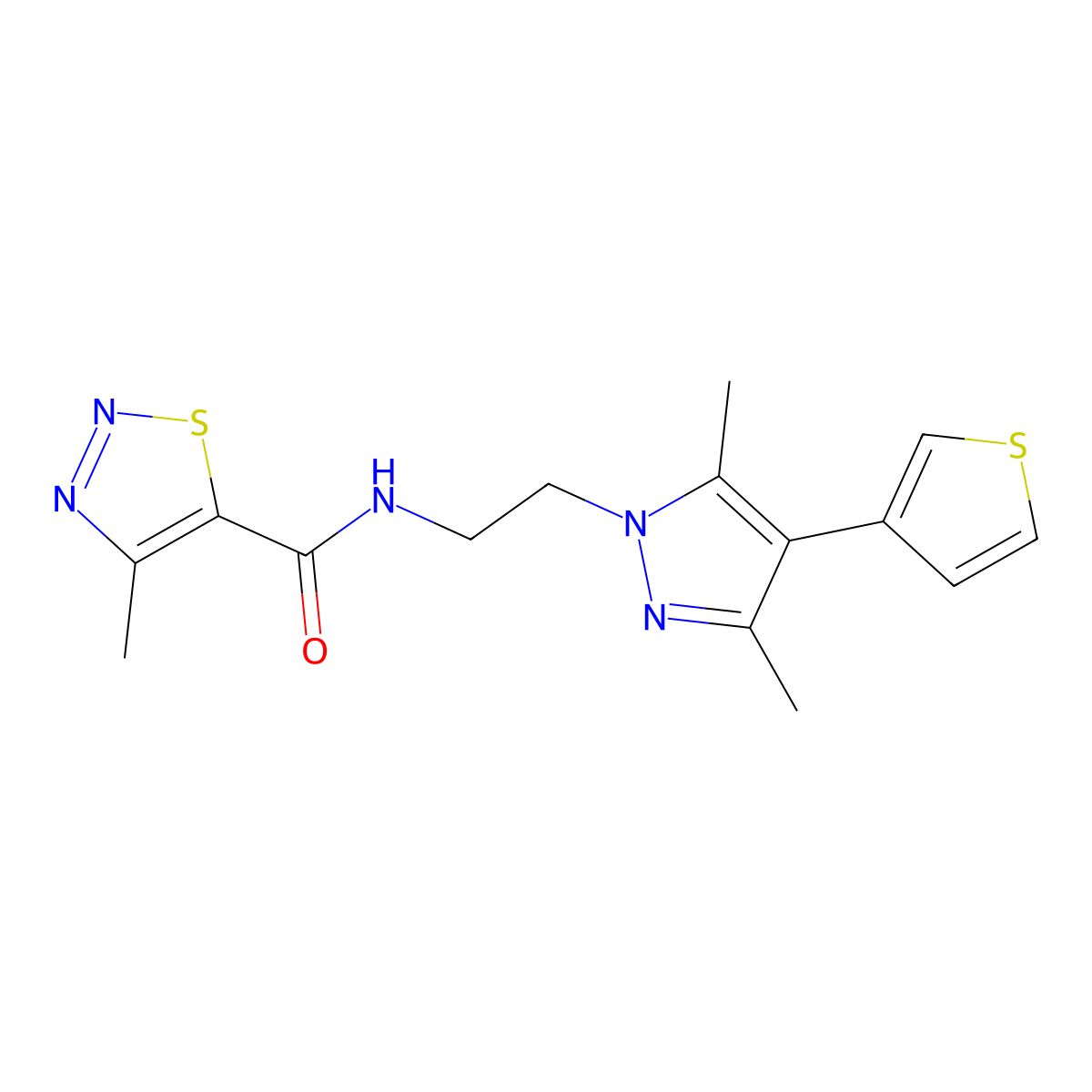 N-(2-(3,5-dimethyl-4-(thiophen-3-yl)-1H-pyrazol-1-yl)ethyl)-4-methyl-1,2,3-thiadiazole-5-carboxamide molecular structure, CAS 2034507-83-8