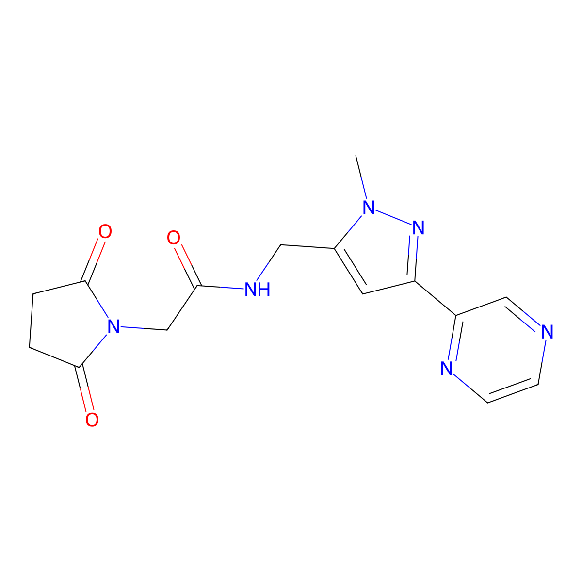 2-(2,5-dioxopyrrolidin-1-yl)-N-{[1-methyl-3-(pyrazin-2-yl)-1H-pyrazol-5-yl]methyl}acetamide molecular structure, CAS 2034507-86-1