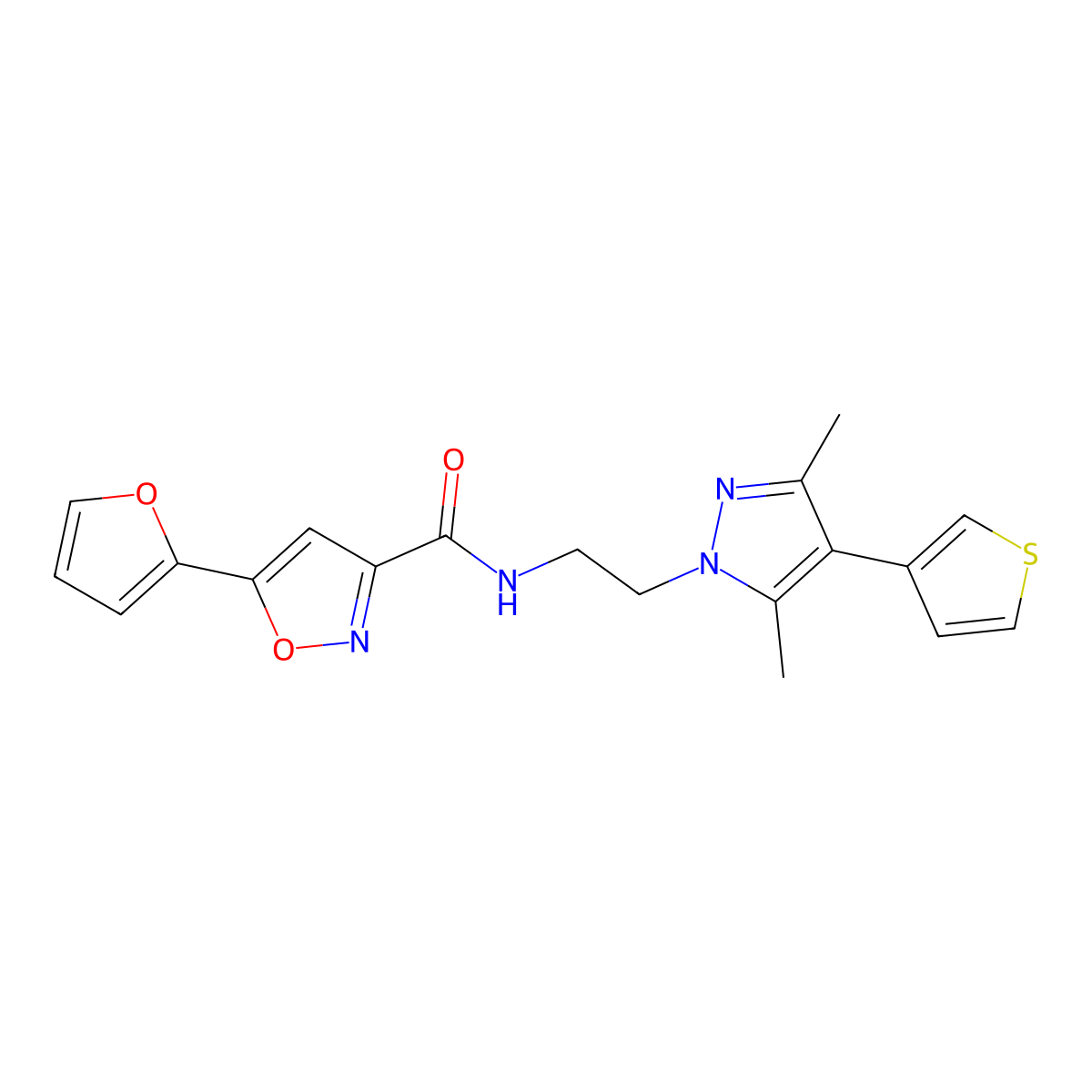 N-{2-[3,5-dimethyl-4-(thiophen-3-yl)-1H-pyrazol-1-yl]ethyl}-5-(furan-2-yl)-1,2-oxazole-3-carboxamide molecular structure, CAS 2034507-89-4