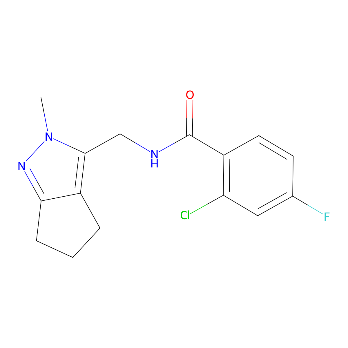 2-chloro-4-fluoro-N-((2-methyl-2,4,5,6-tetrahydrocyclopenta[c]pyrazol-3-yl)methyl)benzamide molecular structure, CAS 2034507-91-8