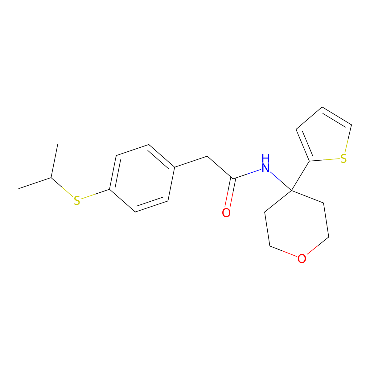 2-(4-(isopropylthio)phenyl)-N-(4-(thiophen-2-yl)tetrahydro-2H-pyran-4-yl)acetamide molecular structure, CAS 2034507-92-9