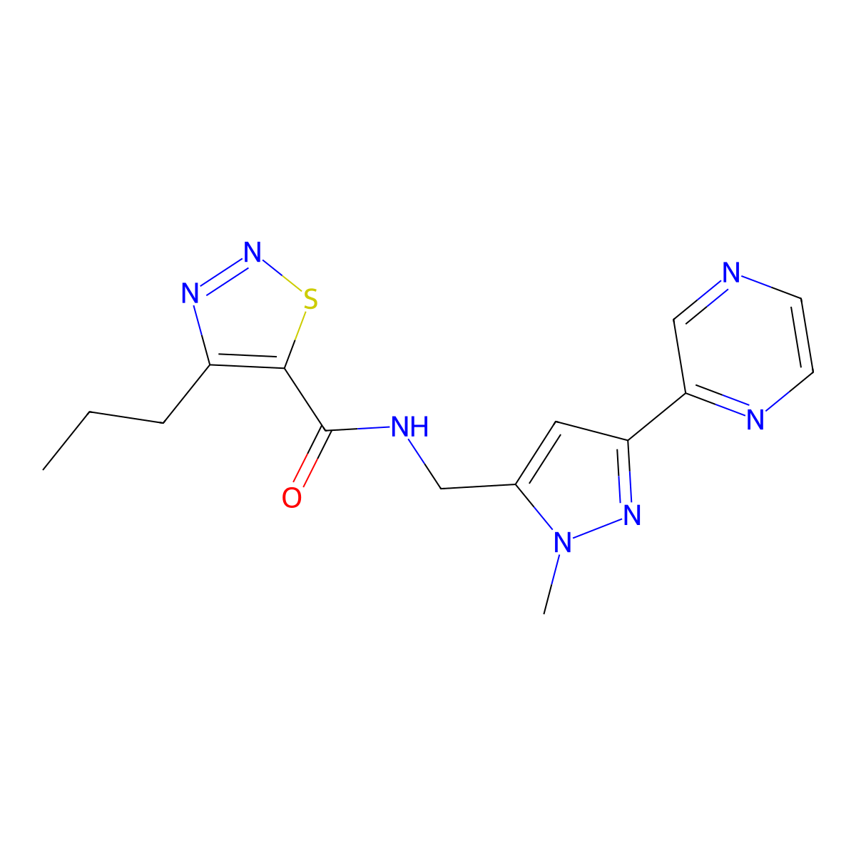 N-((1-methyl-3-(pyrazin-2-yl)-1H-pyrazol-5-yl)methyl)-4-propyl-1,2,3-thiadiazole-5-carboxamide molecular structure, CAS 2034507-94-1